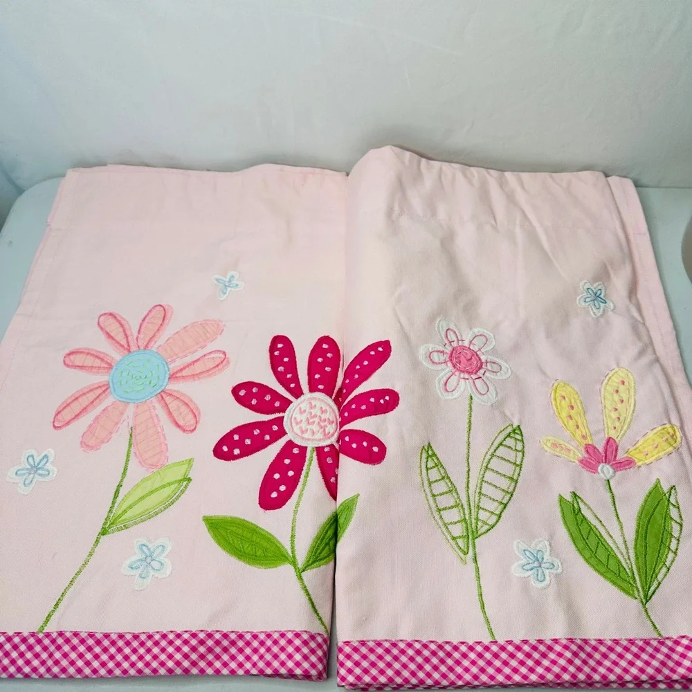 Pottery Barn Kids Pink Floral Embroidered Valance Set of 2 Gingham Trim 44x18